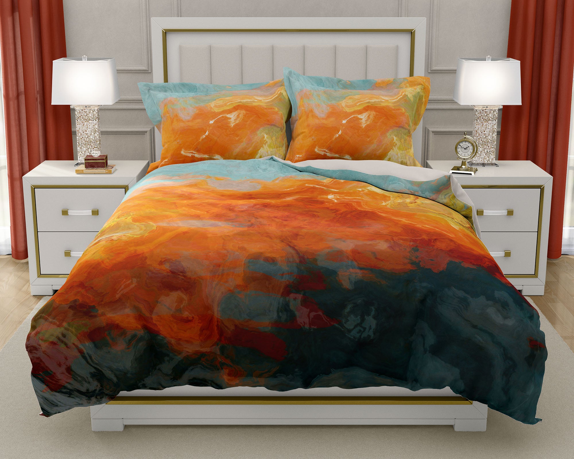 Duvet Cover with abstract art, king or queen in orange, yellow teal –  Abstract Art Home