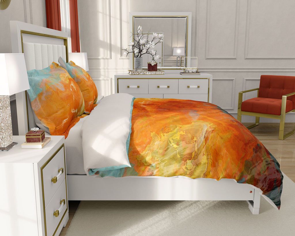 Duvet Cover with abstract art, king or queen in orange, yellow teal