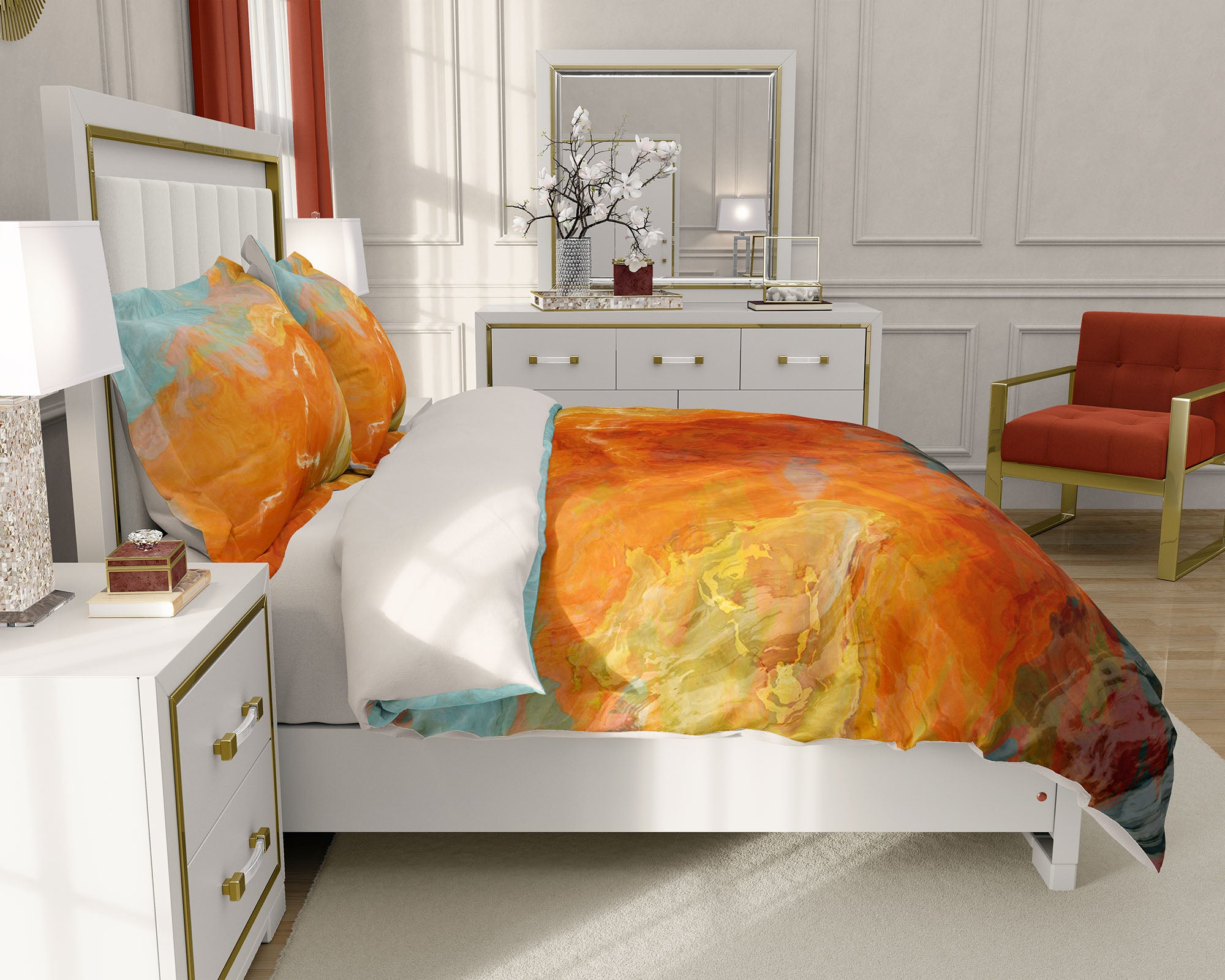 Duvet Cover with abstract art, king or queen in orange, yellow