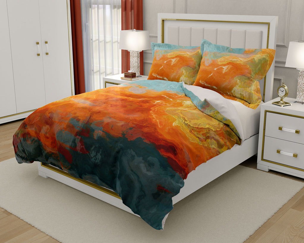 Duvet Cover with abstract art, king or queen in orange, yellow teal
