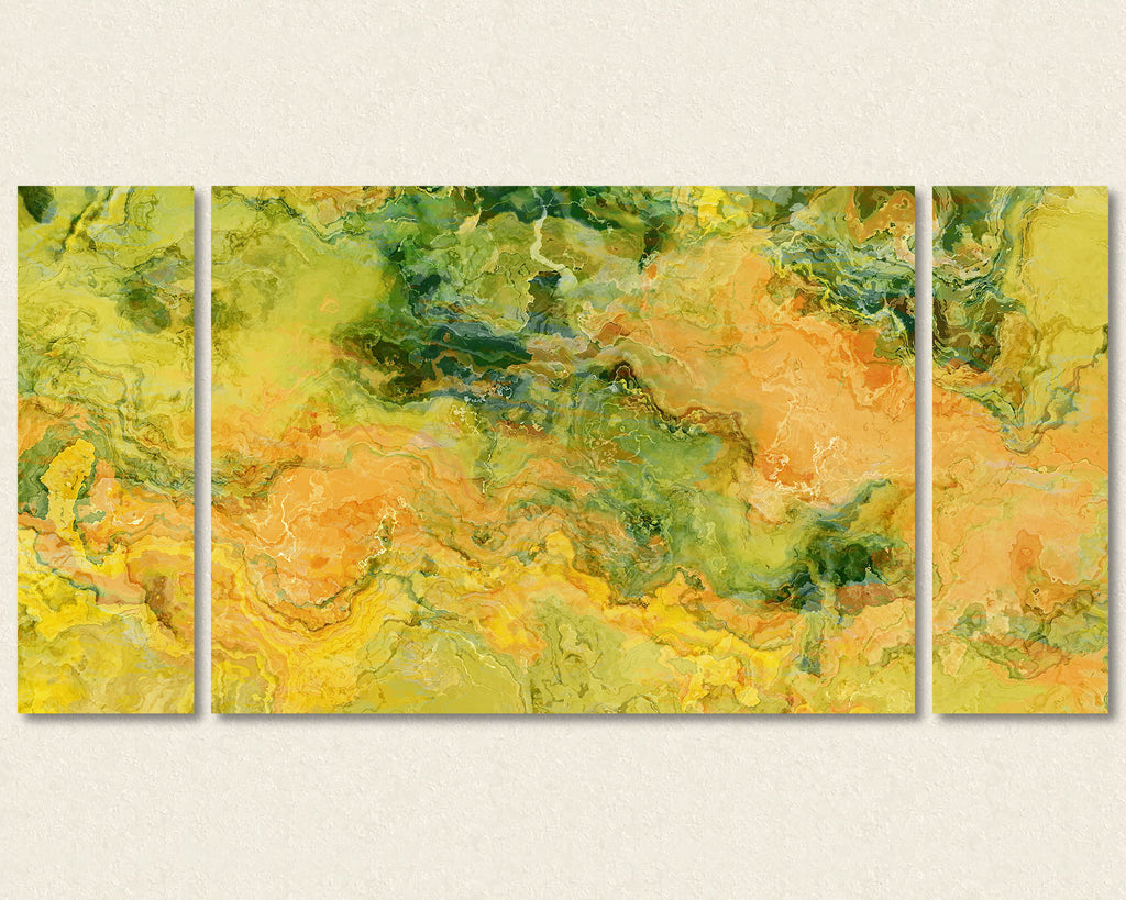 Abstract art triptych canvas print in Peach, Orange, Yellow, Green