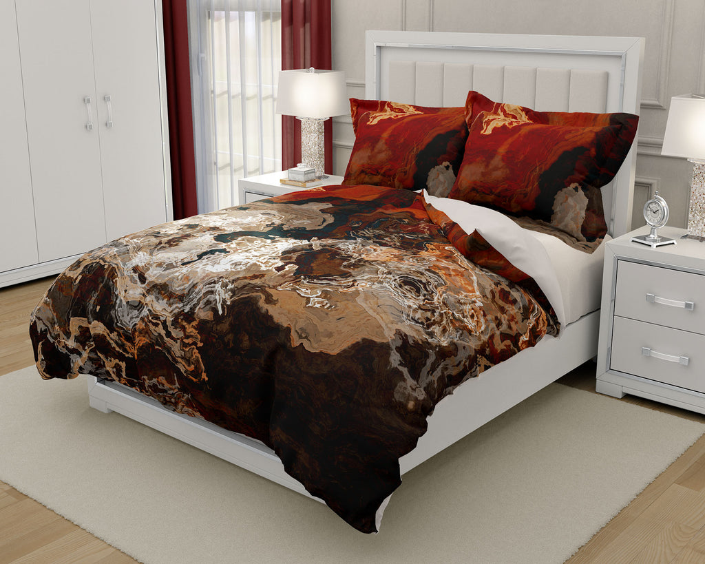 Duvet Cover with abstract art, king or queen in dark red and cream