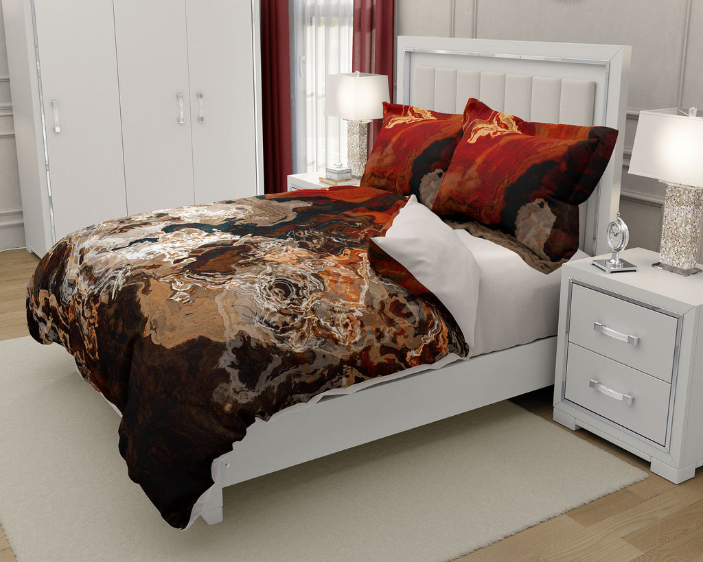 Duvet Cover with abstract art, king or queen in dark red and cream