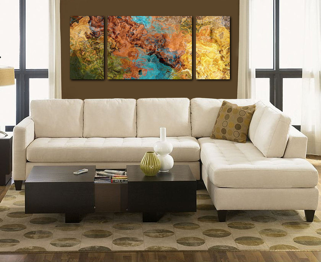 Very large triptych art canvas print brown olive yellow and turquoise in room