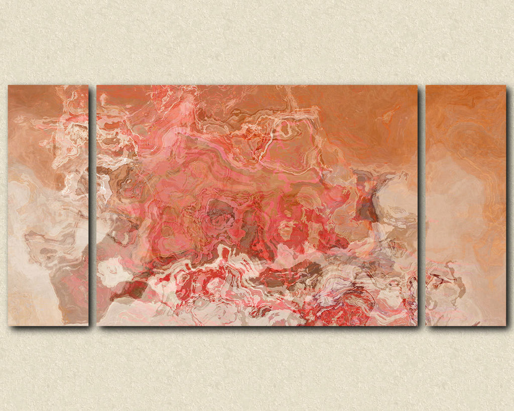 Oversize Triptych modern art canvas print in peach, orange and red