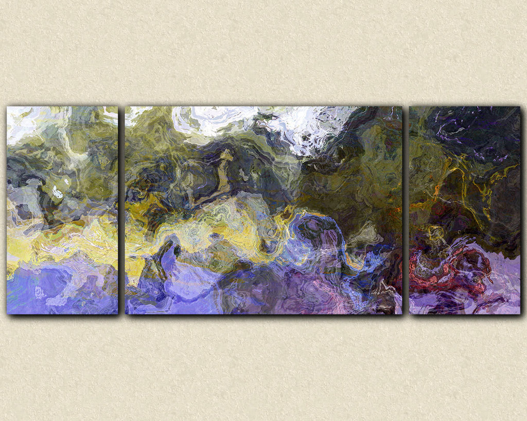 Large triptych abstract art canvas print in purple, green and yellow
