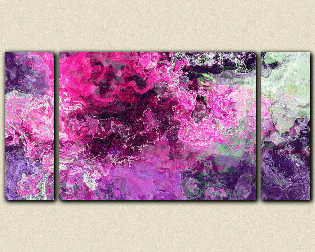 Large triptych abstract canvas print with gallery wrap in purple and hot pink