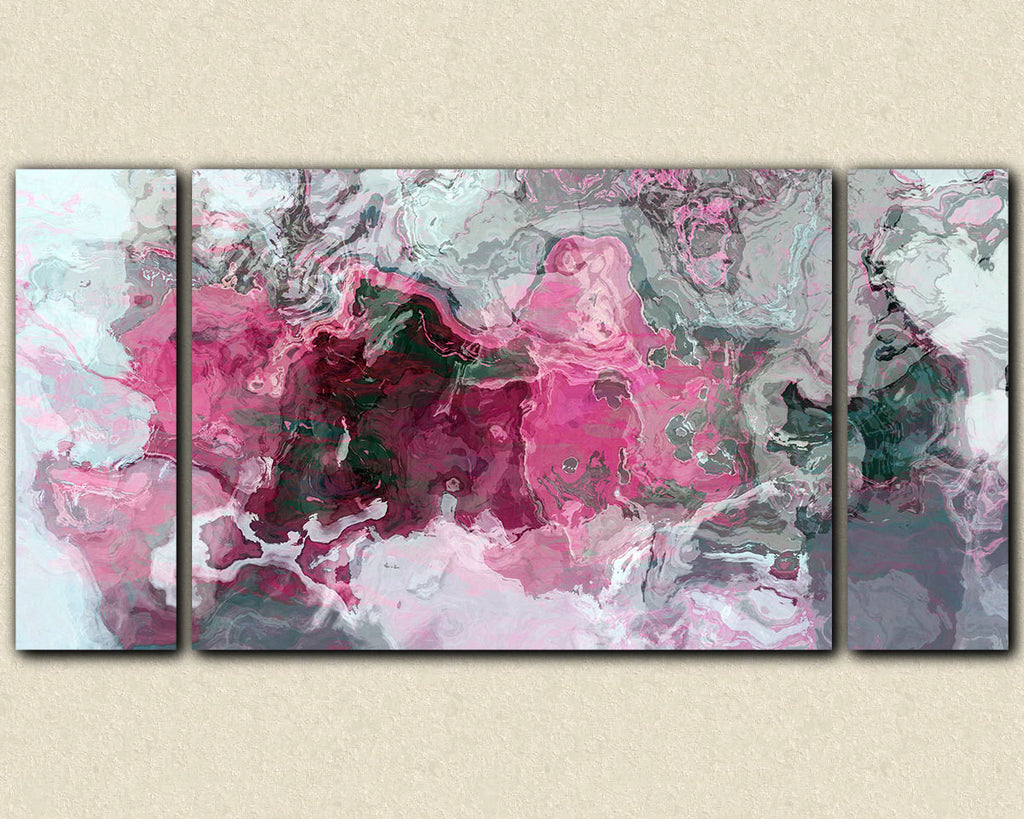 Triptych abstract art canvas print in bright pink white and grey