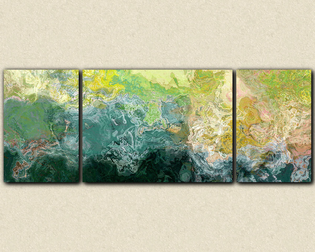 Oversized triptych abstract art canvas print in blue green and yellow