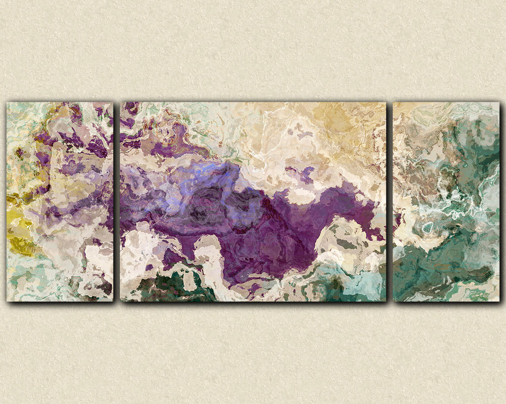 Extra Large Abstract Art Triptych Giclee Canvas Print Purple And Teal
