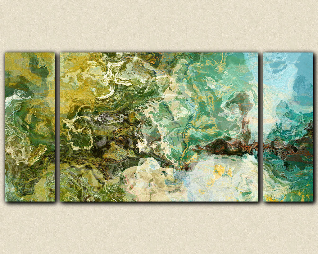 Oversize abstract expressionism canvas print in teal, brown and green