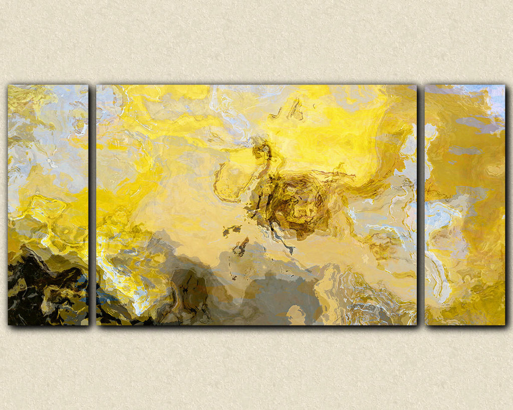 Abstract art print triptych large canvas print yellow gray and white