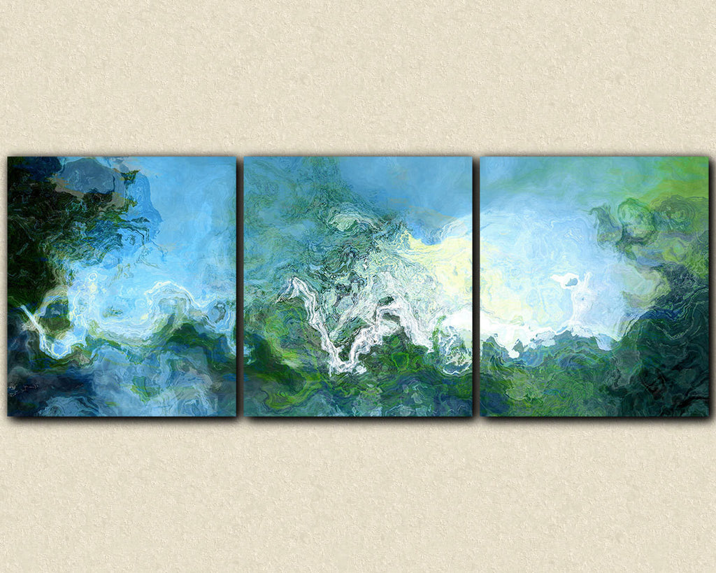 Oversized blue triptych abstract expressionism stretched canvas print 