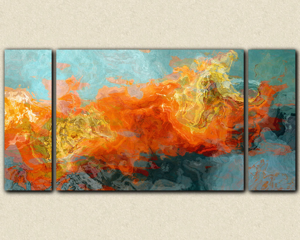 Abstract art sofa sized triptych canvas print in orange and blue