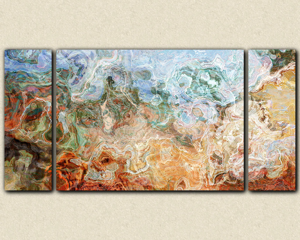 Triptych abstract expressionism print in brown green and red-orange