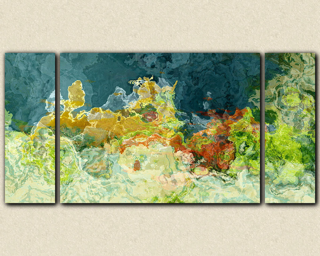 Abstract art triptych gallery wrap giclee canvas print teal and green