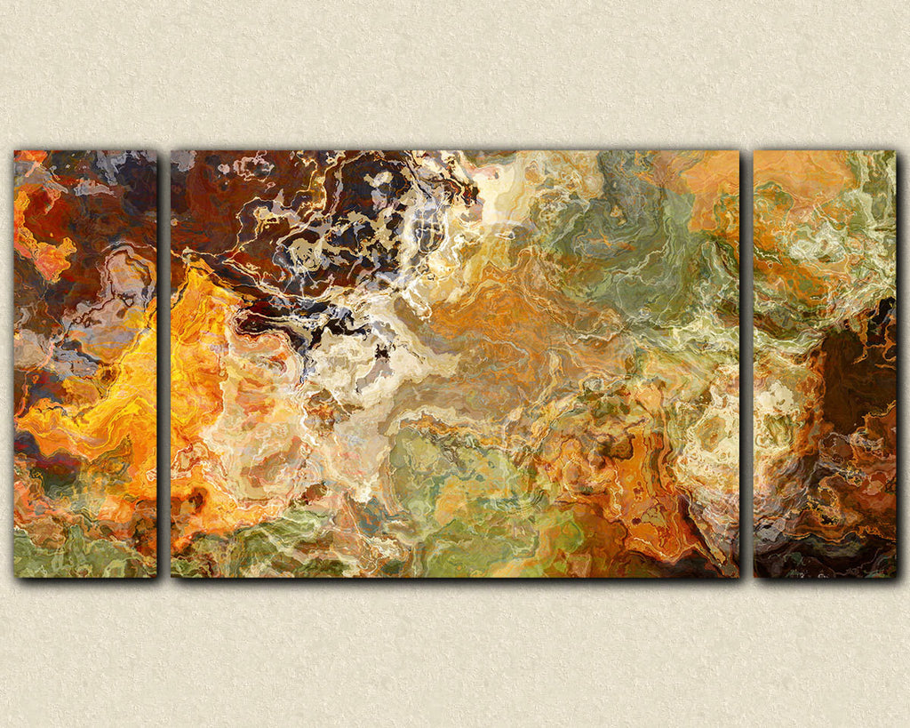 Large triptych abstract art stretched canvas print in orange and brown