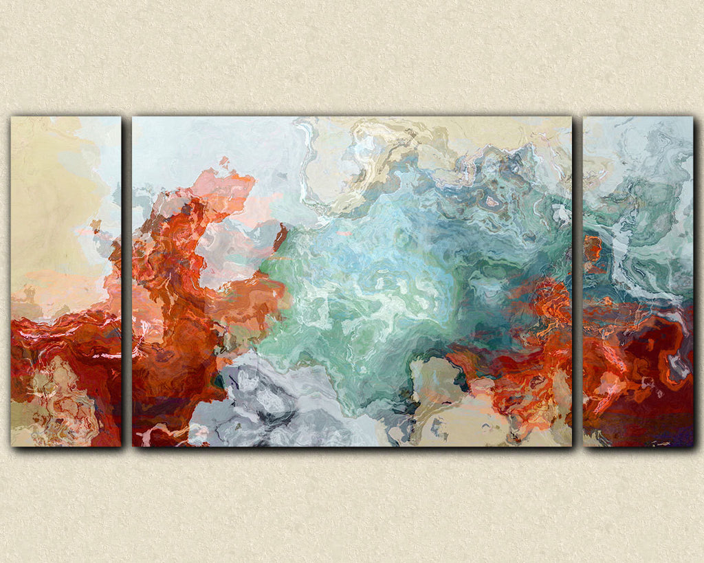 Large triptych abstract expressionism stretched canvas print, red blue