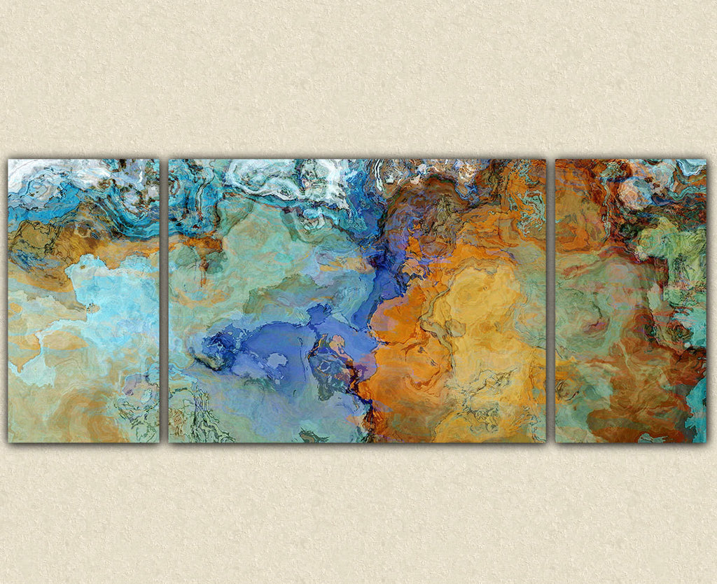 Very large abstract wall art canvas print triptych in brown and blue 