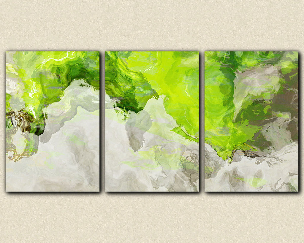 Triptych abstract giclee canvas print in chartreuse green and white