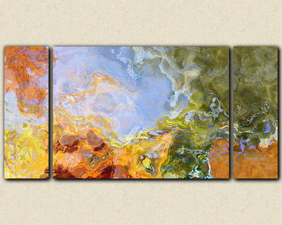 Large abstract art triptych giclee canvas print orange, blue and green