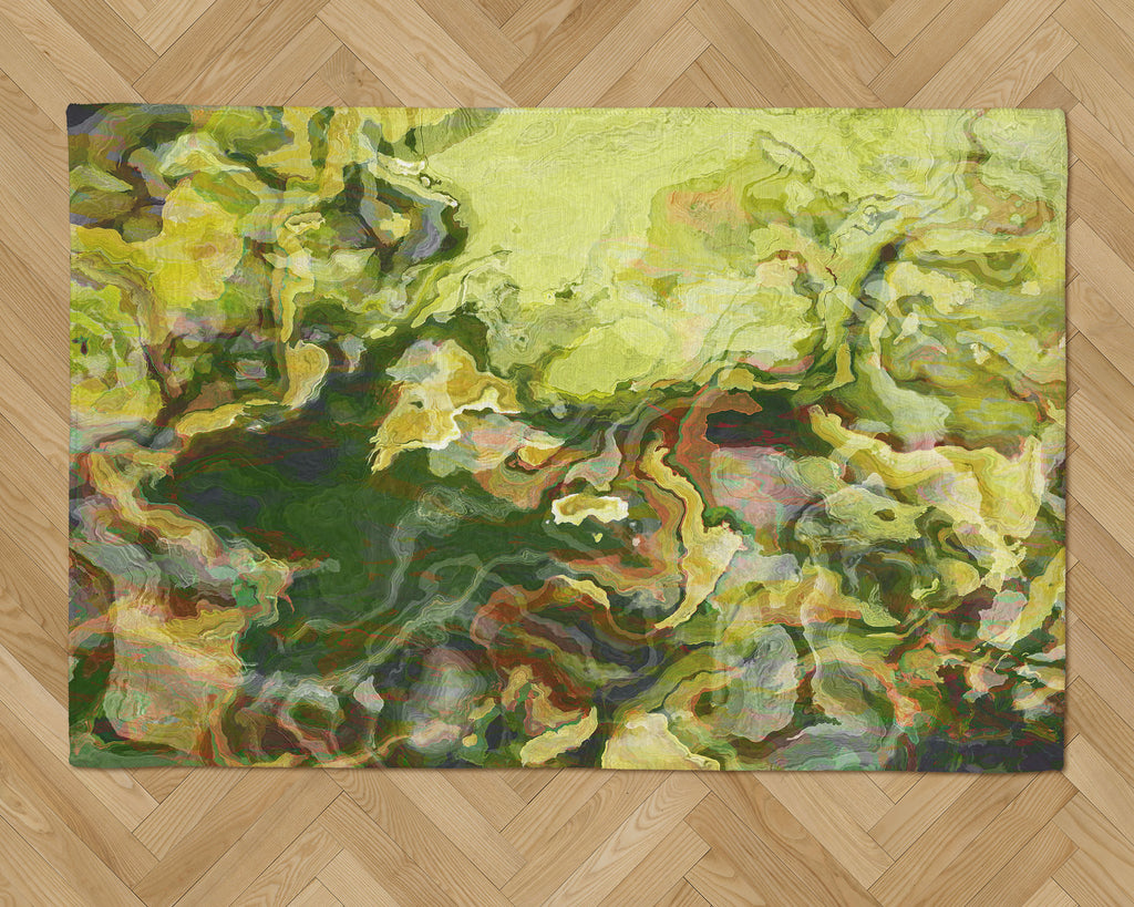 Area Rug with Abstract Art, 2x3 to 5x7, in green, yellow-green and red