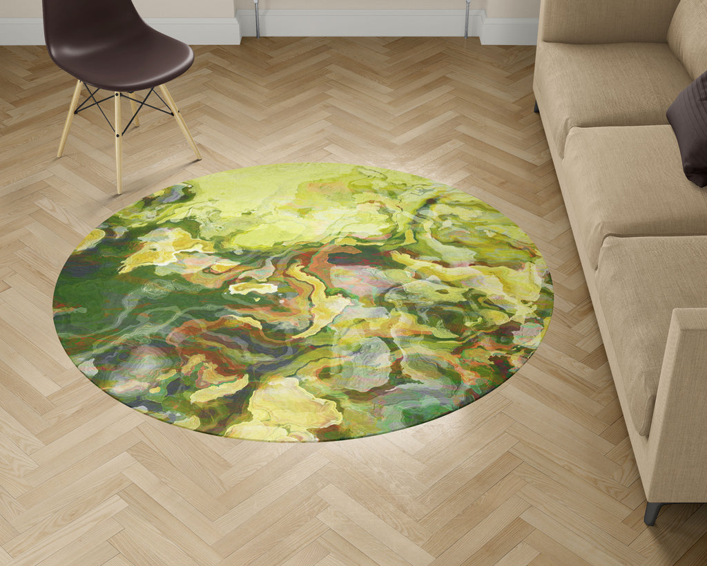 Area Rug with Abstract Art, 5ft Round, in green, yellow-green and red