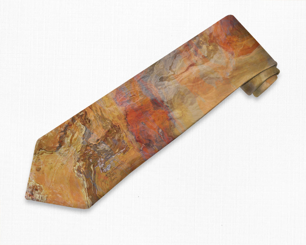Abstract art men's tie in Red-Orange, Gold, Tan, Brown