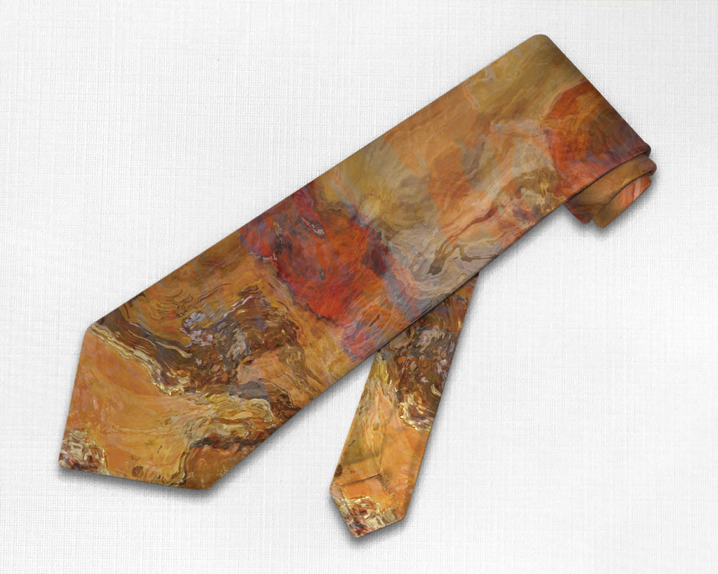 Abstract art men's tie in Red-Orange, Gold, Tan, Brown