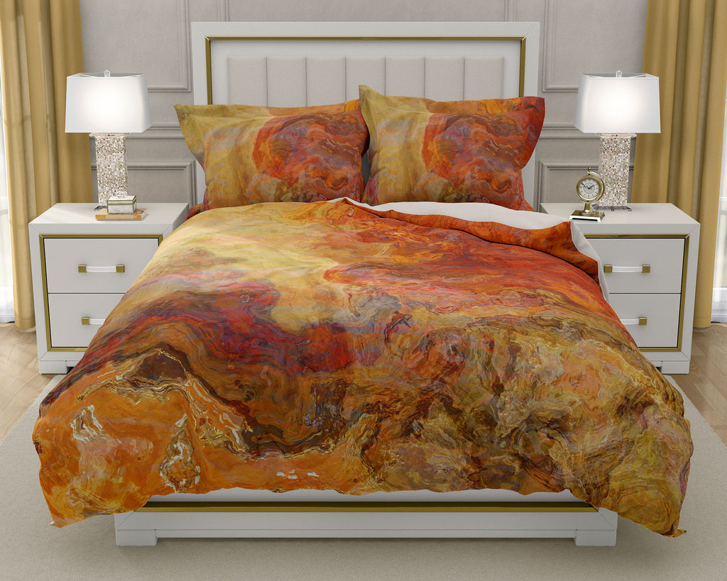 Duvet Cover with abstract art, king or queen in red orange, gold, brown and tan