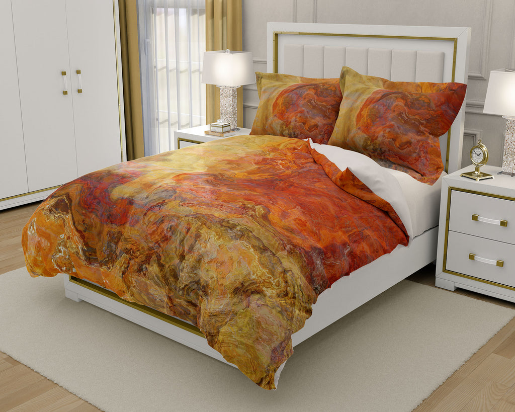 Duvet Cover with abstract art, king or queen in red orange, gold, brown and tan