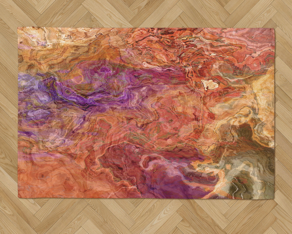 Area Rug with Abstract Art, 2x3 to 5x7, in Red Orange, Olive, Purple