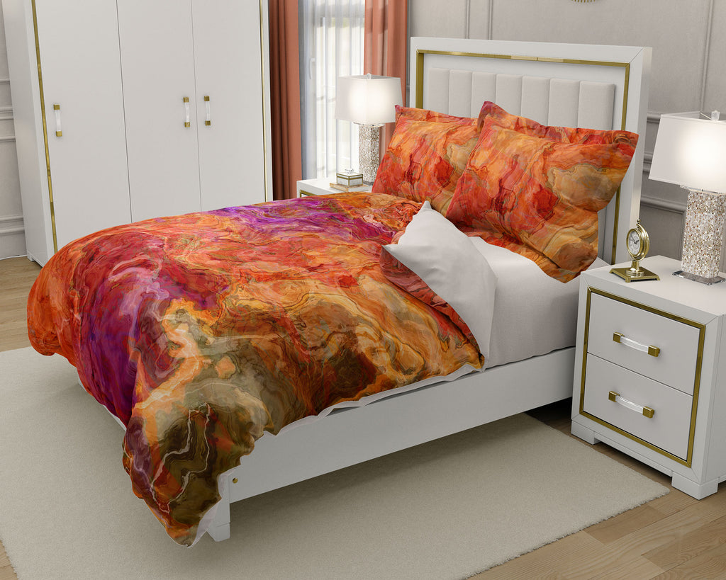 Duvet Cover with abstract art, king or queen, red orange olive purple