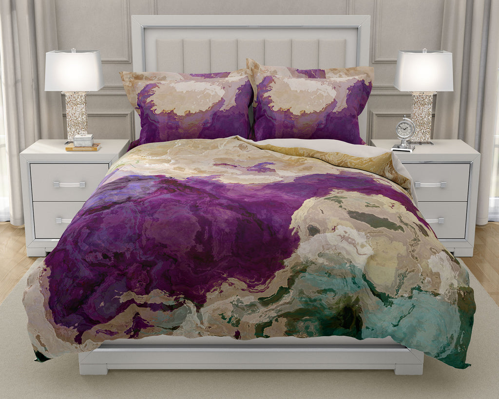 Duvet Cover with abstract art king or queen in purple, cream and green
