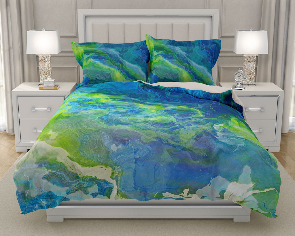 Duvet Cover with abstract art, king or queen in blue, green and white