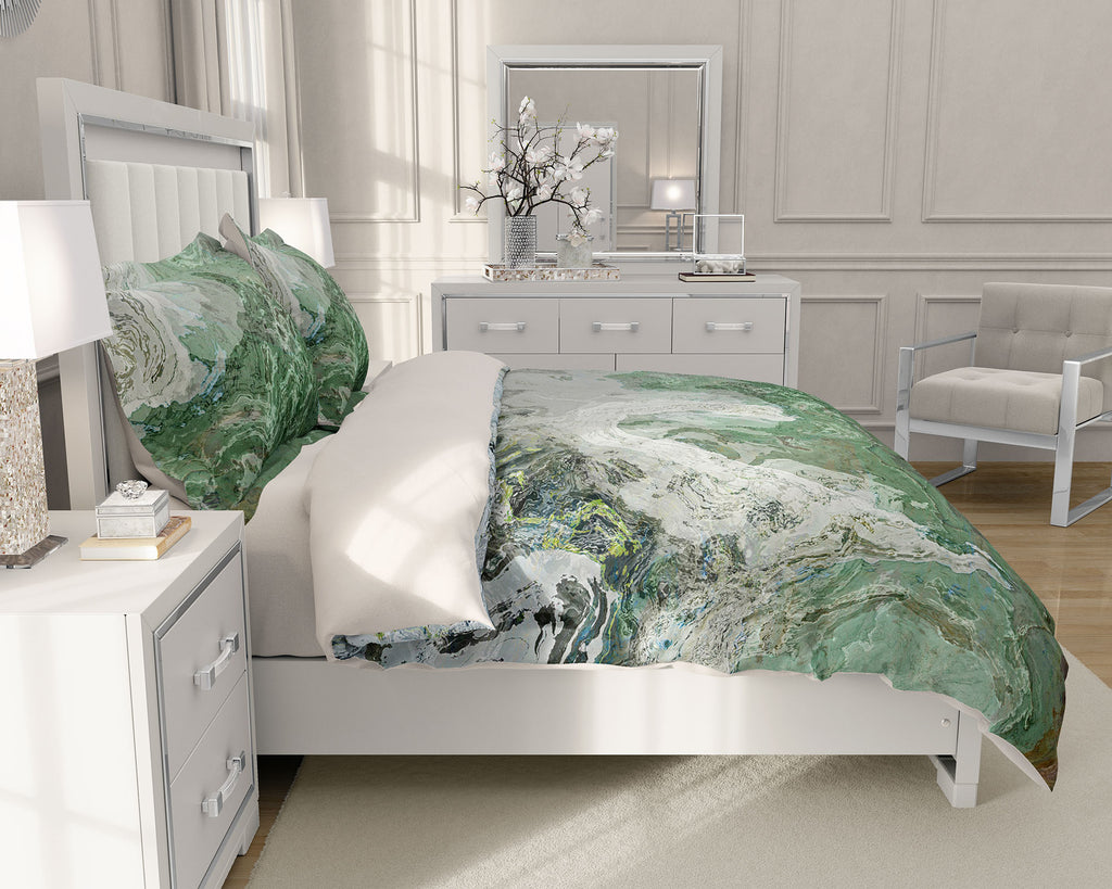Duvet Cover with abstract art, king or queen in gray and green