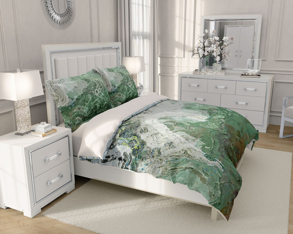 Duvet Cover with abstract art, king or queen in gray and green