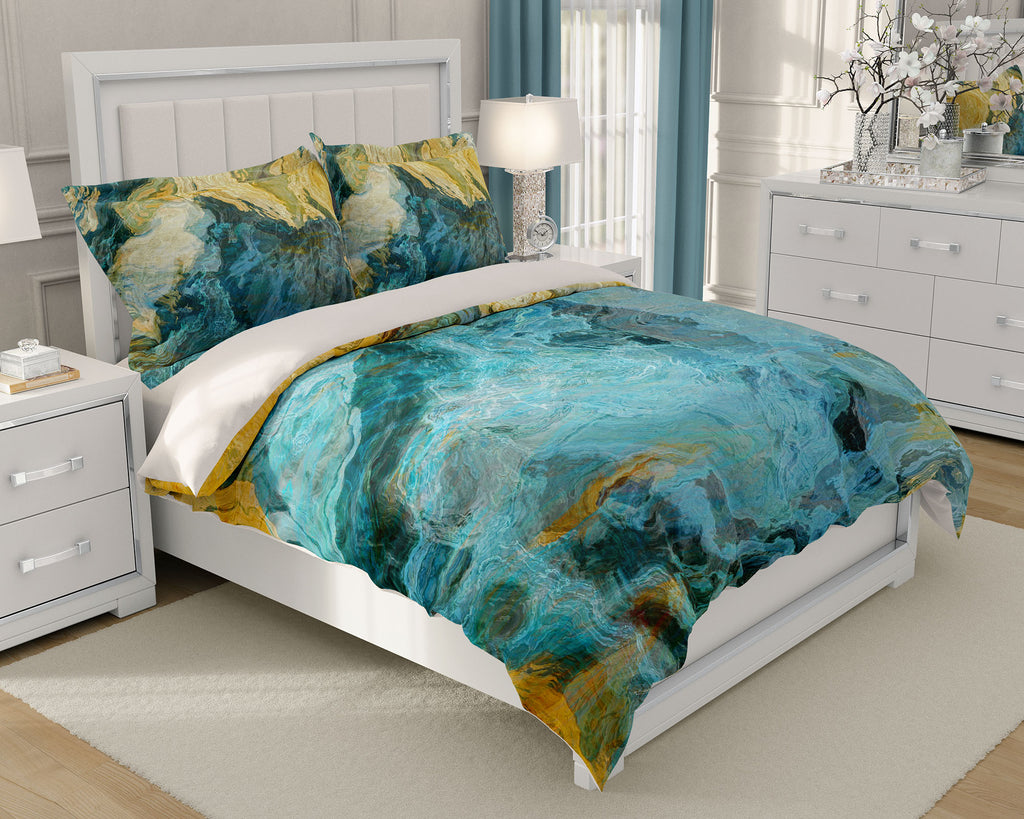 Duvet Cover with abstract art, king or queen in aqua, yellow and tan, 