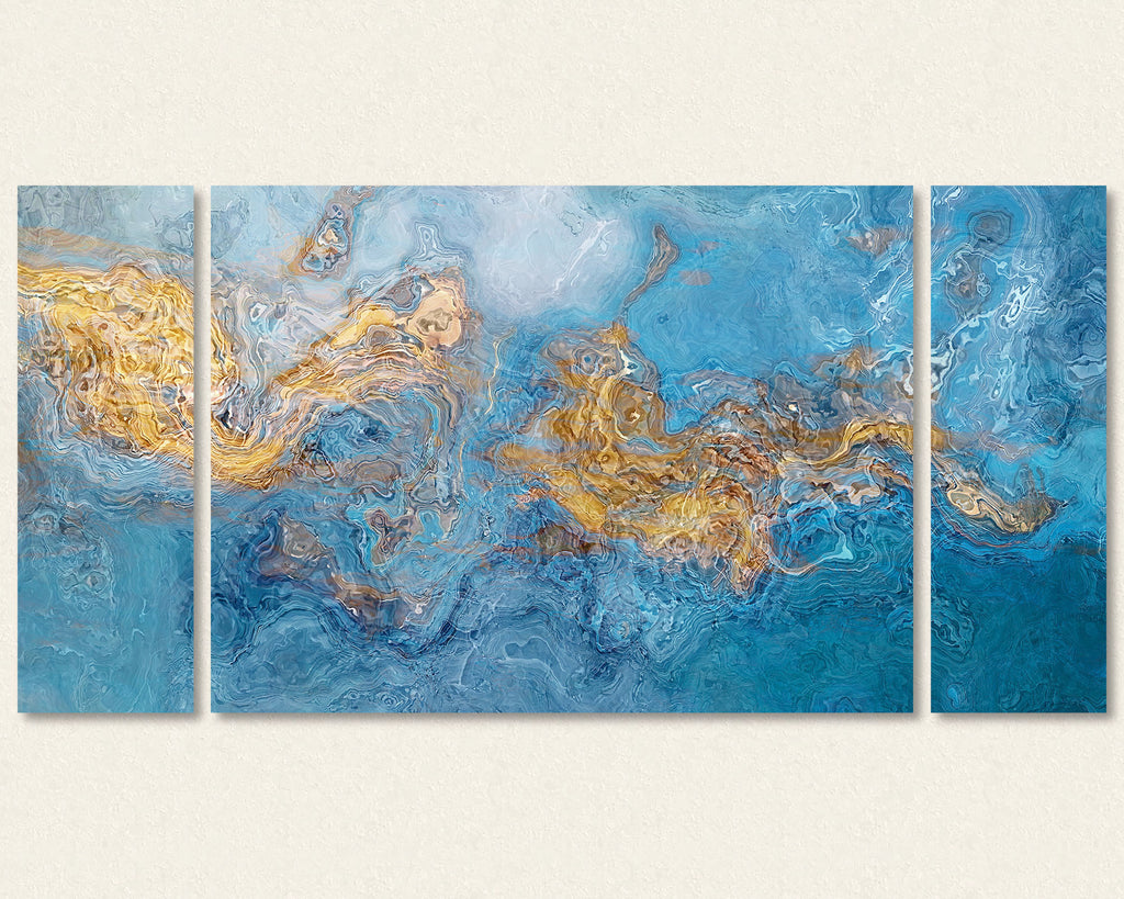 Abstract art triptych canvas print in Blue, Golden Brown
