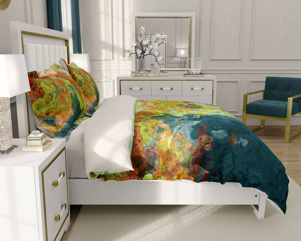 Duvet Cover with abstract art, king or queen in teal, orange and green