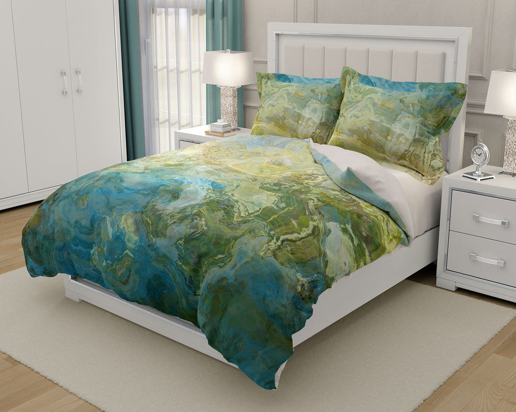 Duvet Cover with abstract art, king or queen in turquoise and green